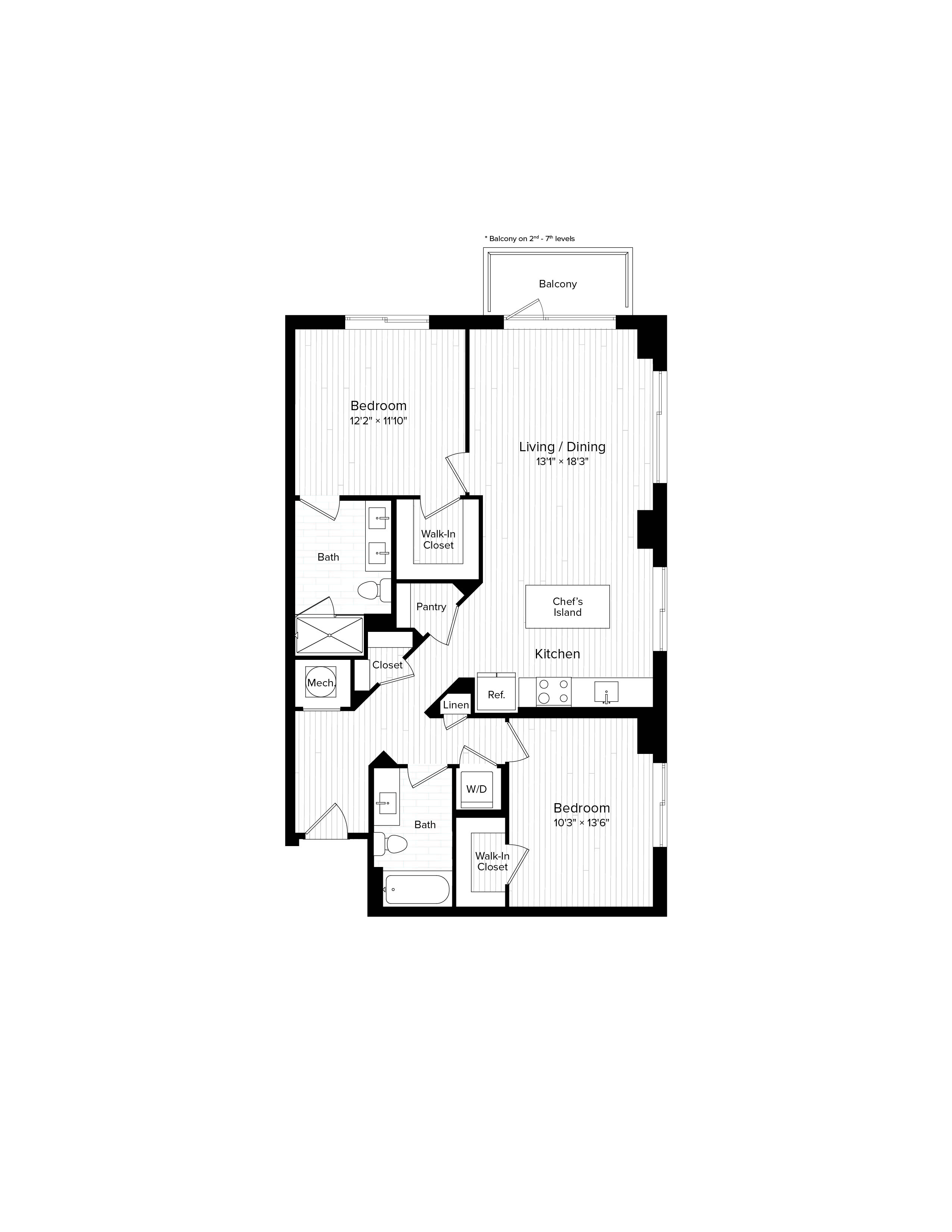 Floor plan for 2 beds, 2 baths, 1112 sqft