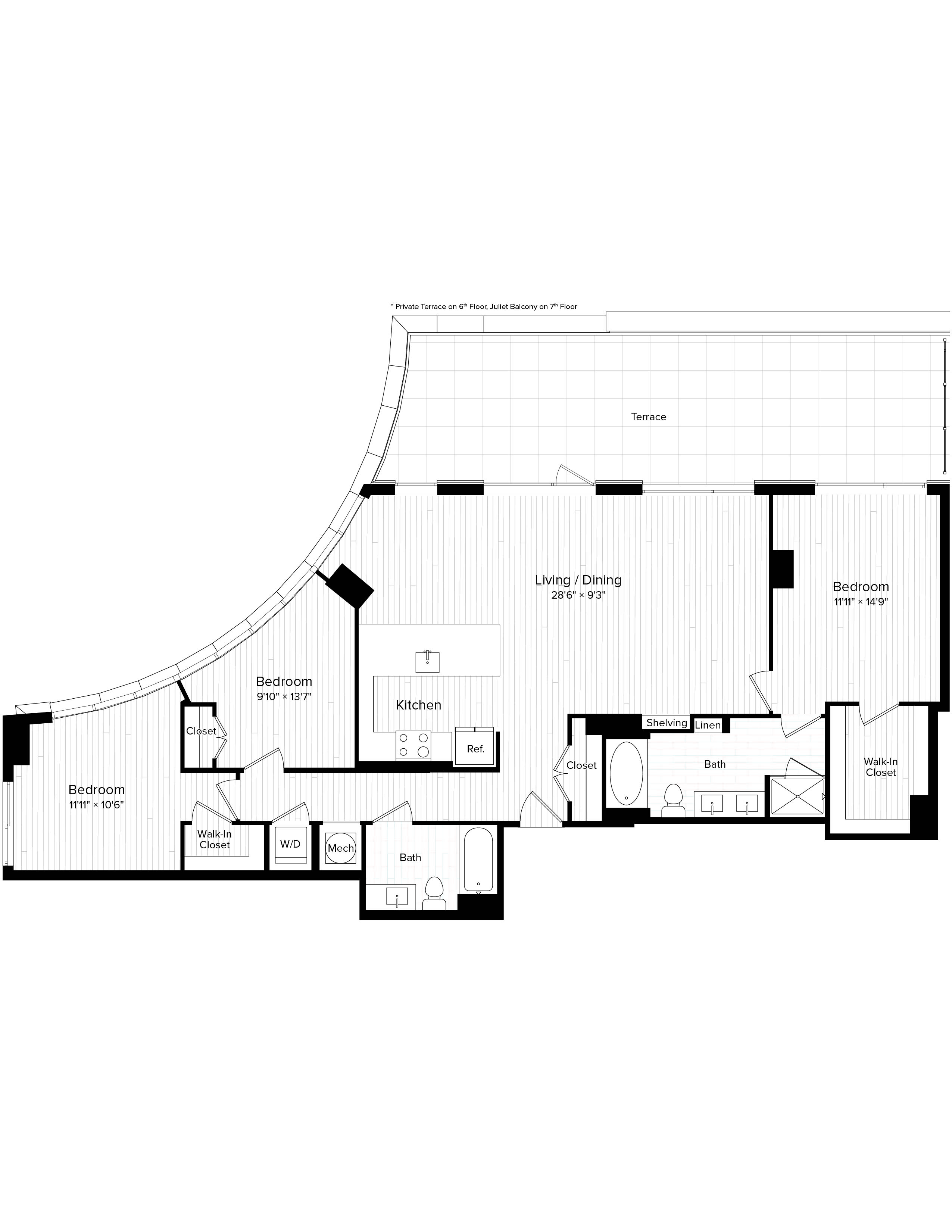 Floor plan for 3 beds, 2 baths, 1491 sqft