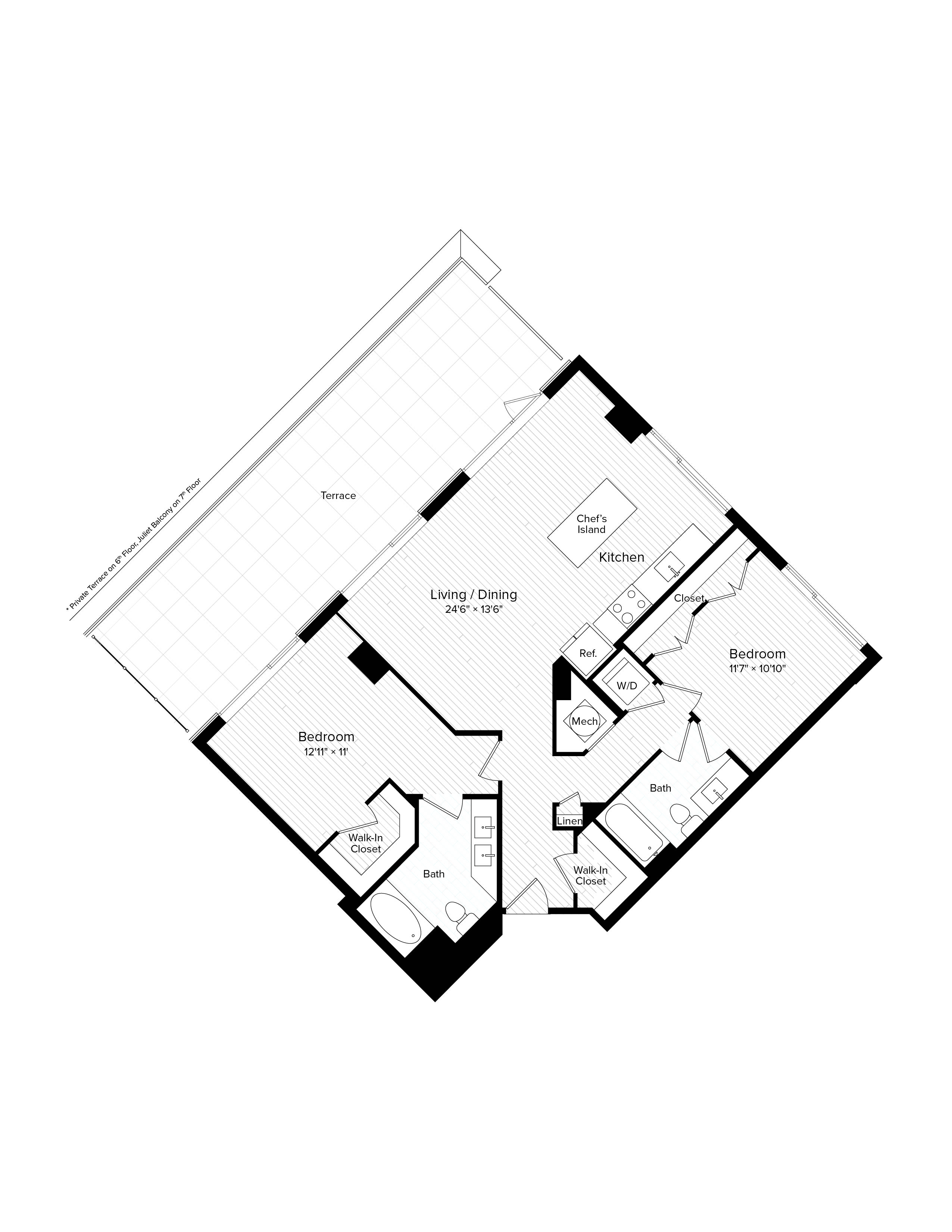 Floor plan for 2 beds, 2 baths, 1124 sqft
