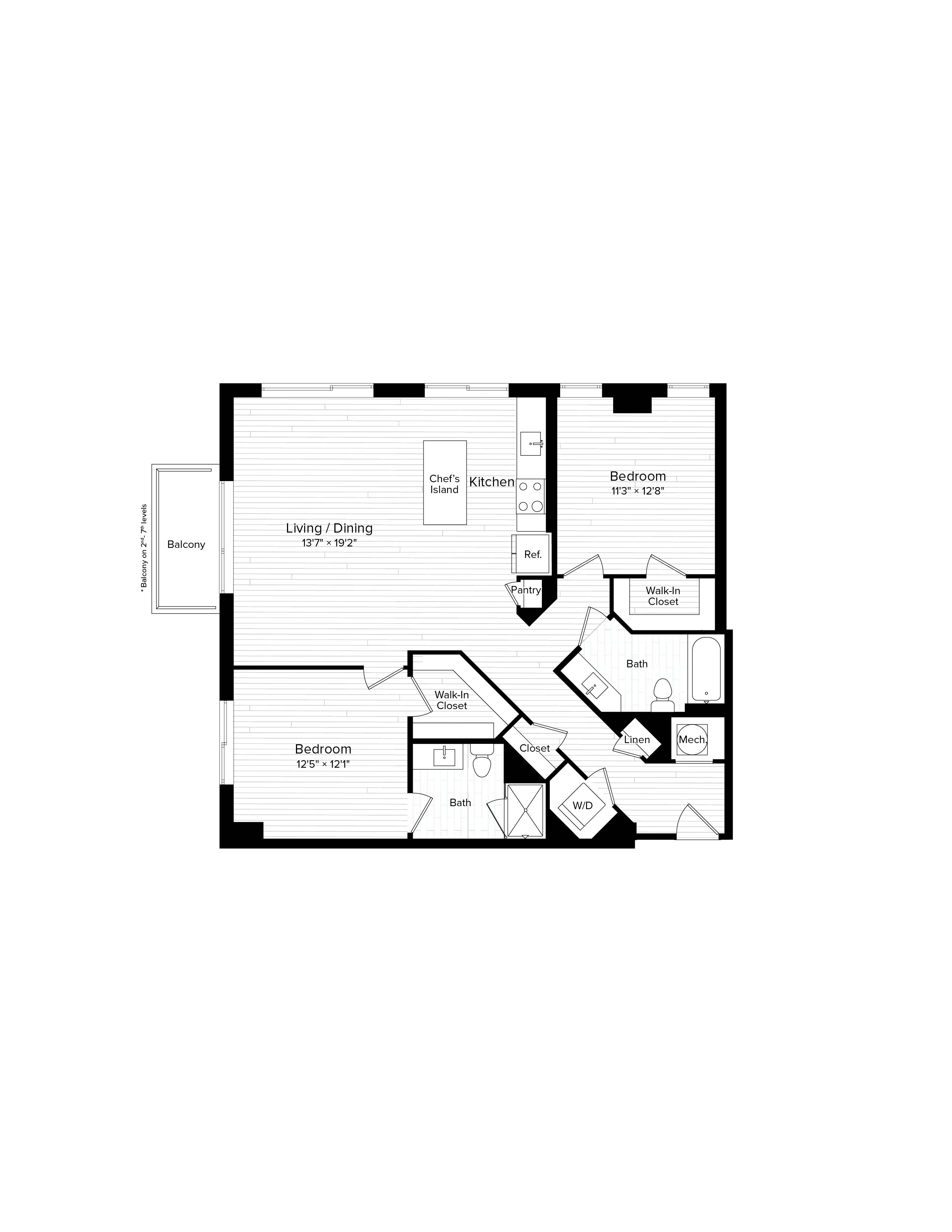 Floor plan for 2 beds, 2 baths, 1186 sqft