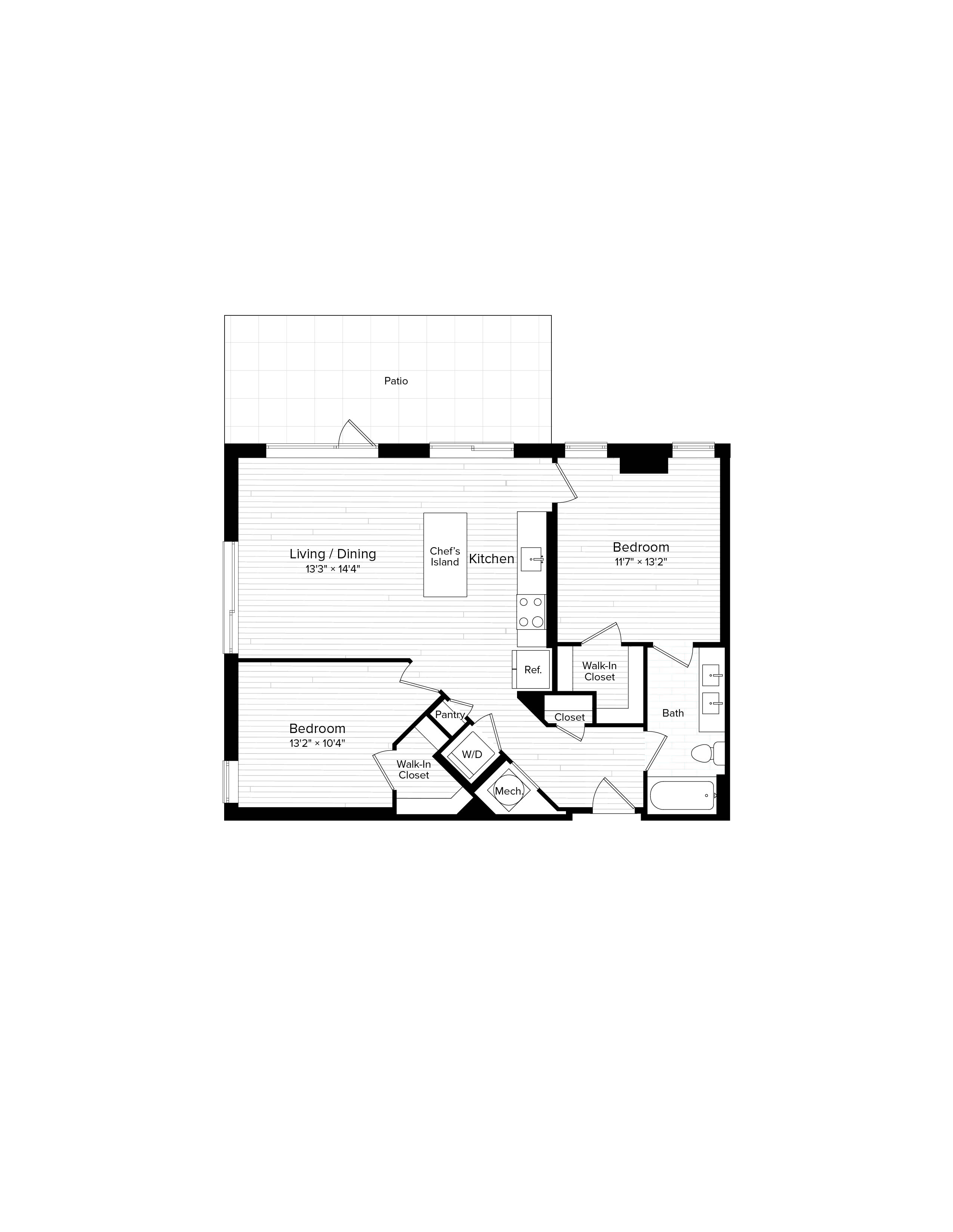 Floor plan for 2 beds, 1 bath, 967 sqft