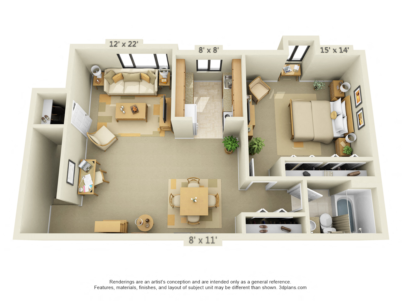 Floor plan for 1 bed, 1 bath, 850 sqft