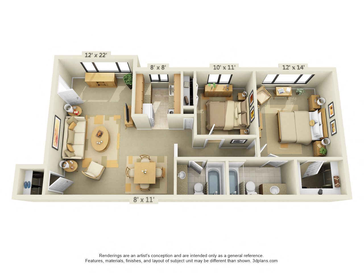 Floor plan for 2 beds, 2 baths, 1053 sqft