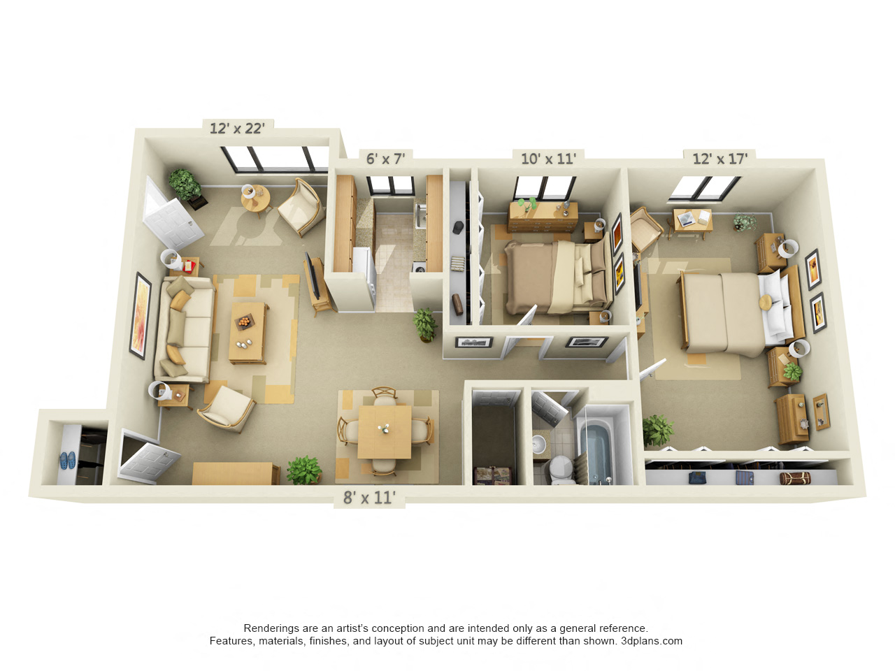 Floor plan for 2 beds, 1 bath, 1053 sqft
