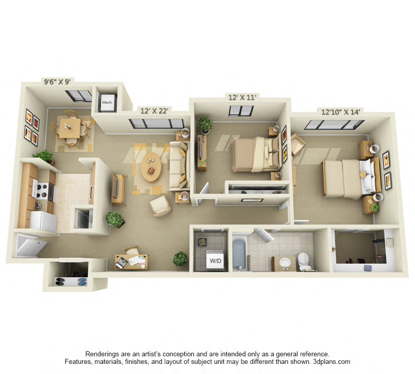 Floor plan for 2 beds, 1 bath, 1075 sqft