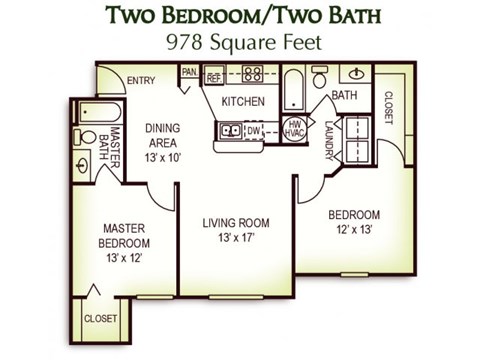 Floor plan for 2 beds, 2 baths, 978 sqft