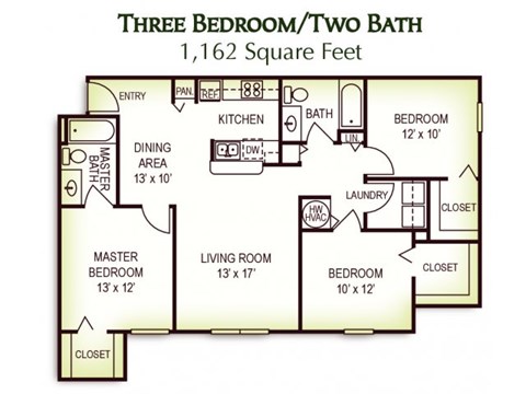 Floor plan for 3 beds, 2 baths, 1162 sqft