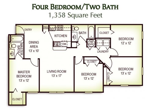 Floor plan for 4 beds, 2 baths, 1358 sqft