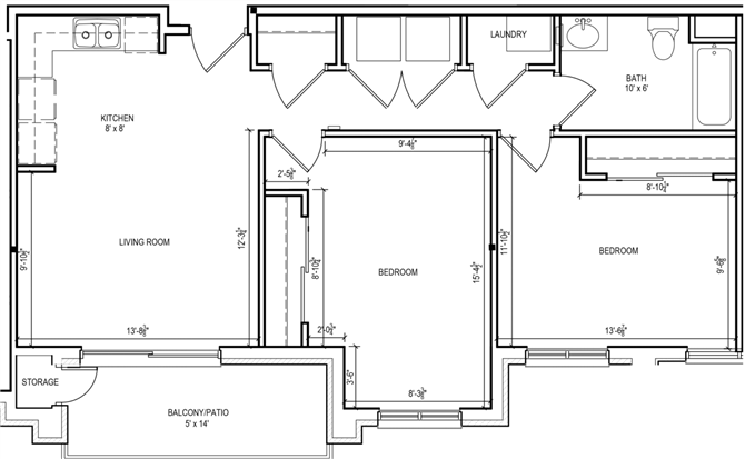 Floor plan for 2 beds, 1 bath, 866 sqft