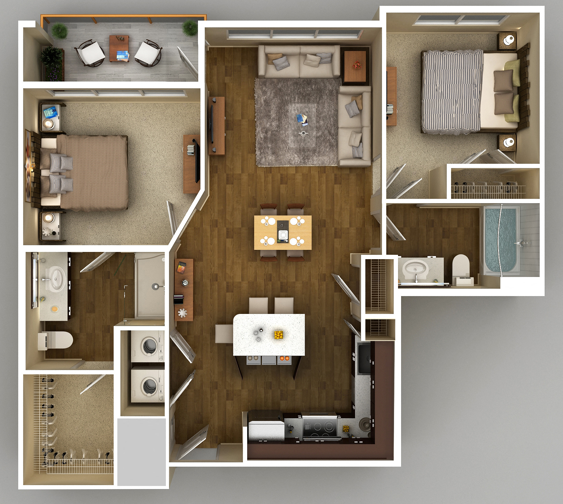 Floor plan for 2 beds, 2 baths, 942 sqft
