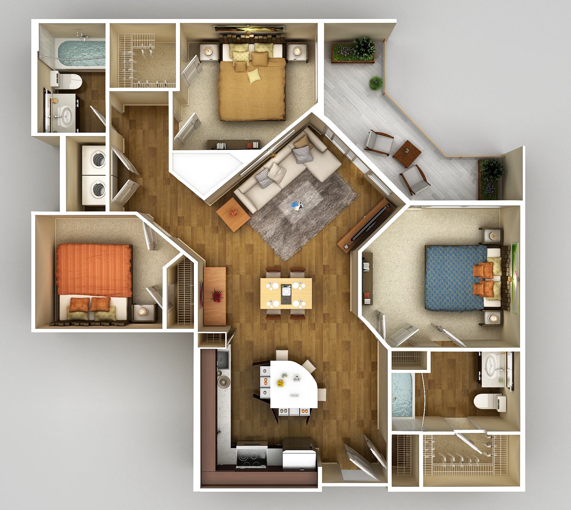 Floor plan for 3 beds, 2 baths, 1198 sqft