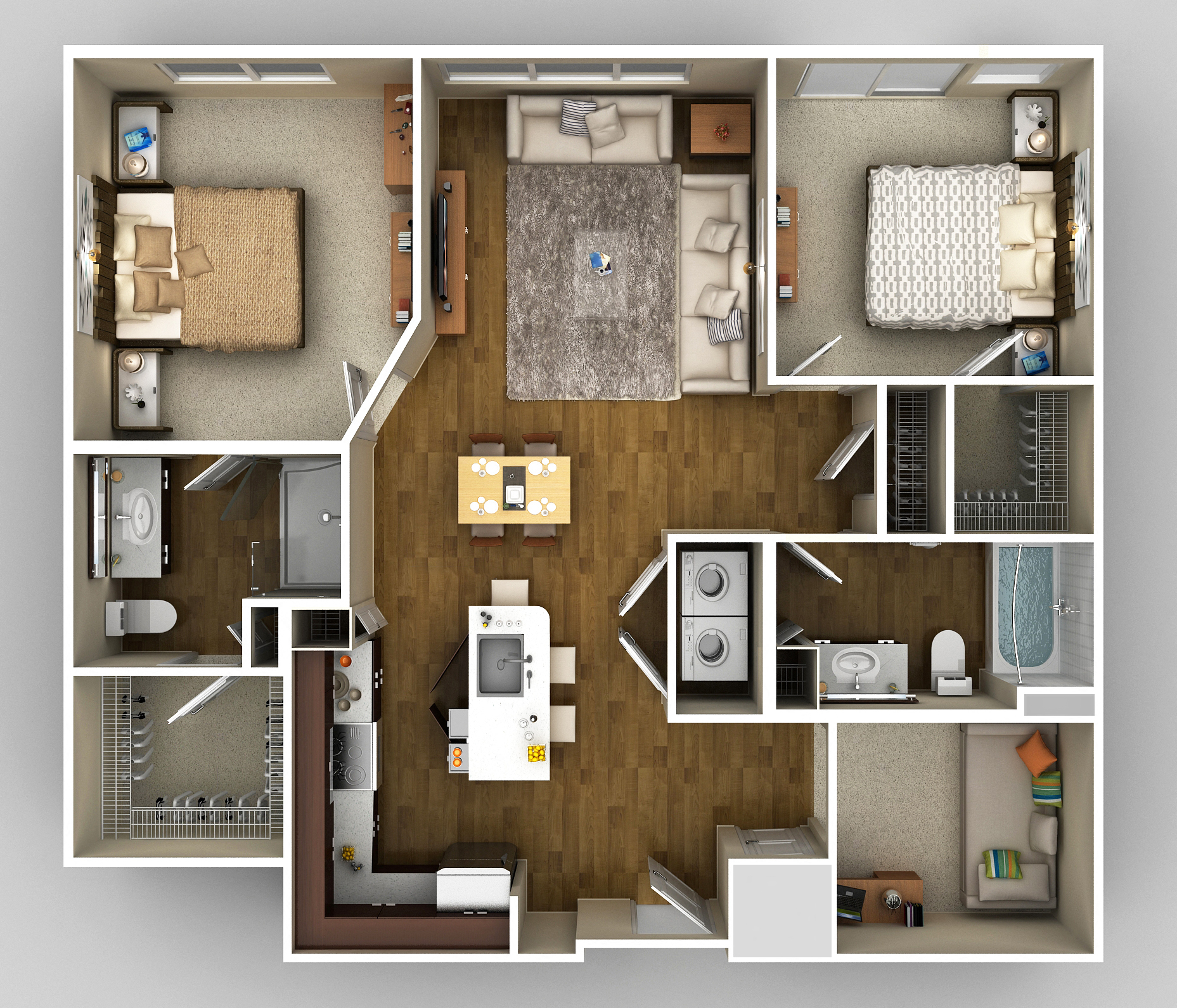 Floor plan for 2 beds, 2 baths, 1119 sqft