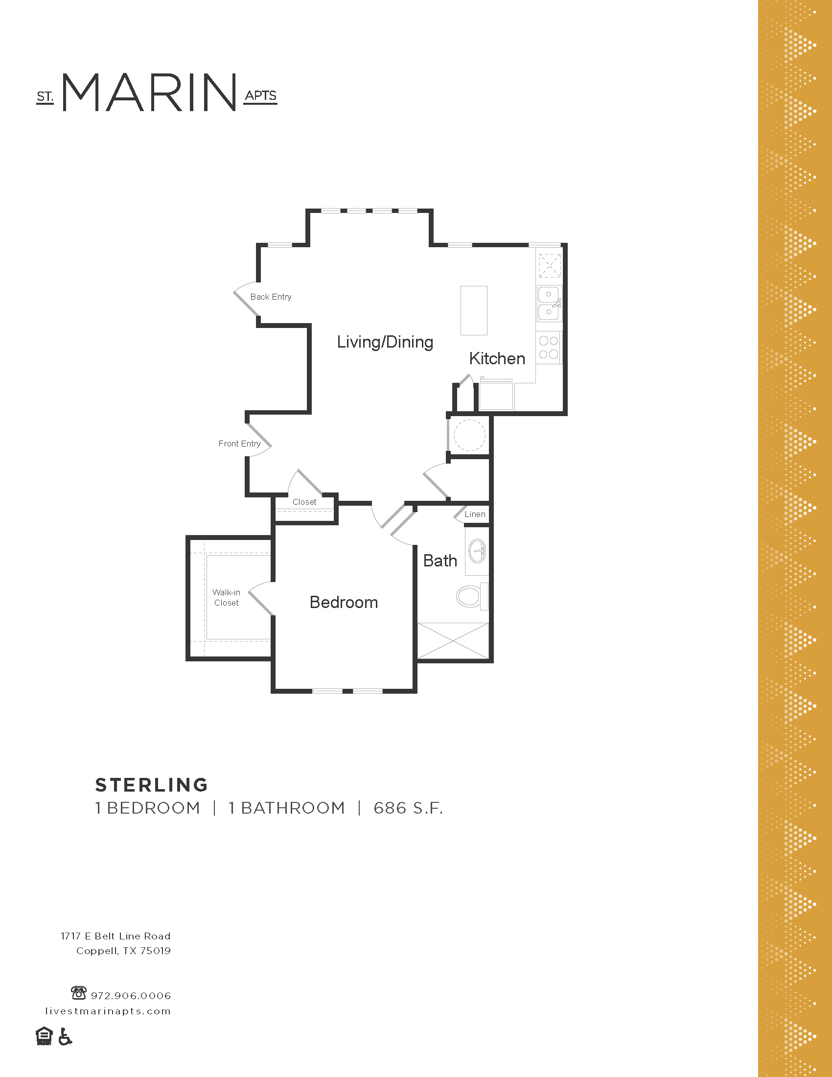 Floor plan for 1 bed, 1 bath, 686 sqft