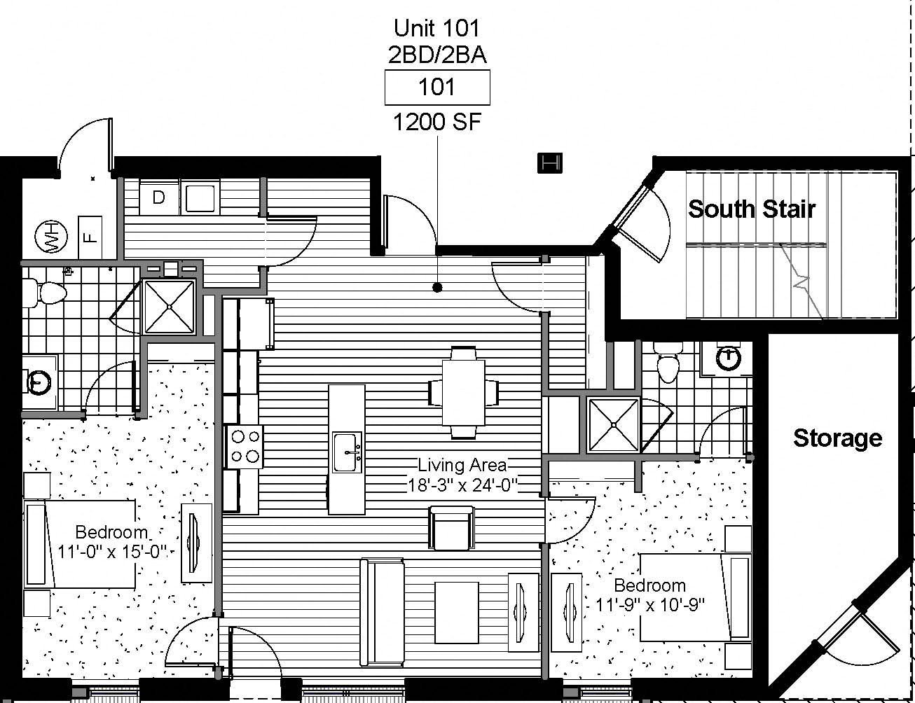 Floor plan for 2 beds, 2 baths, 838 sqft