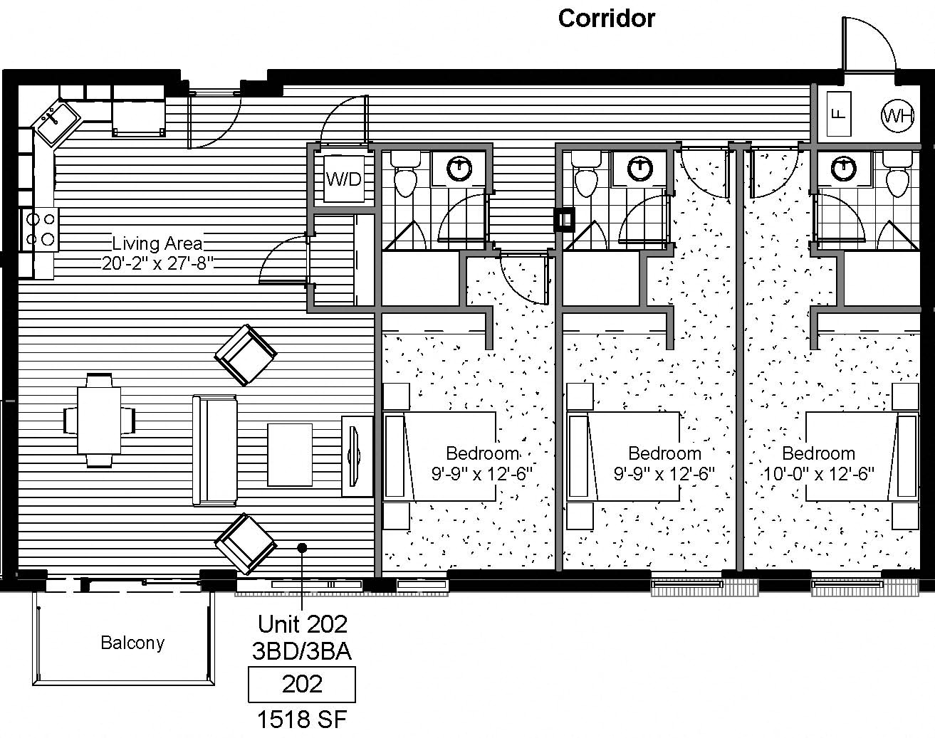 Floor plan for 3 beds, 3 baths, 1518 sqft