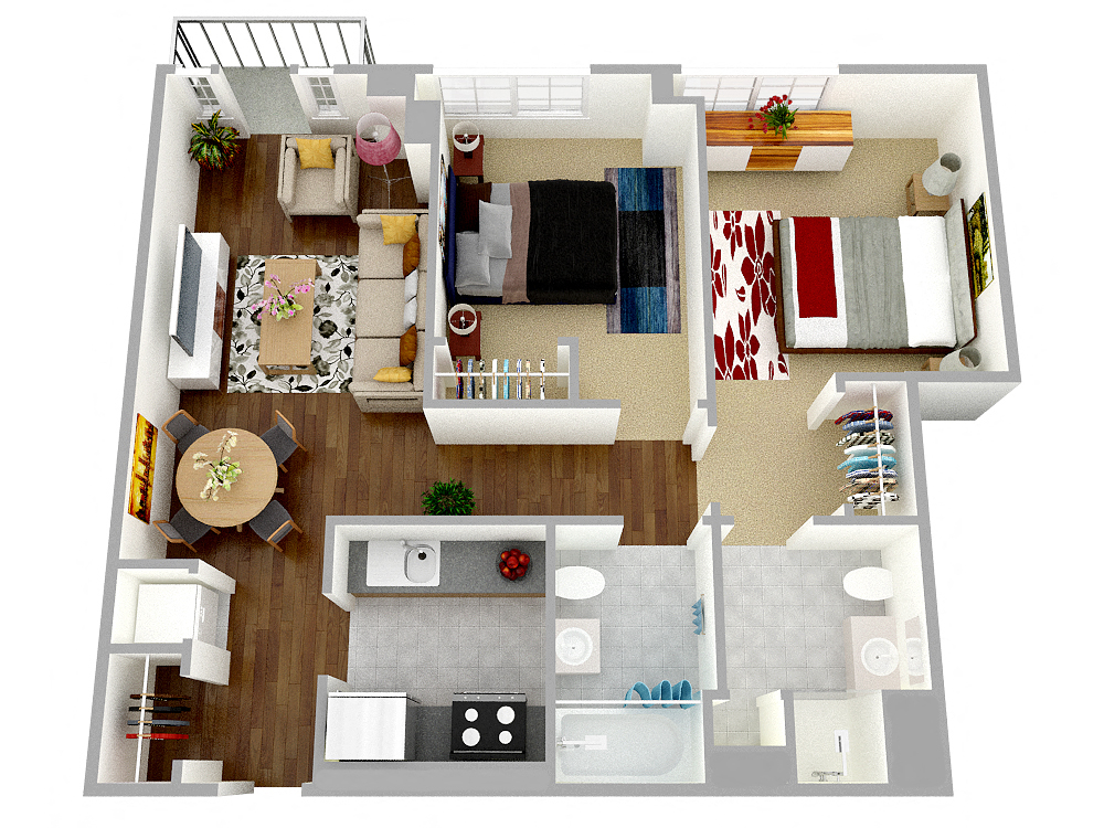Floor plan for 2 beds, 2 baths, 1018 sqft