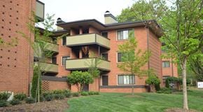 Charlotte apartment for rent - a red brick apartment building with green grass and trees