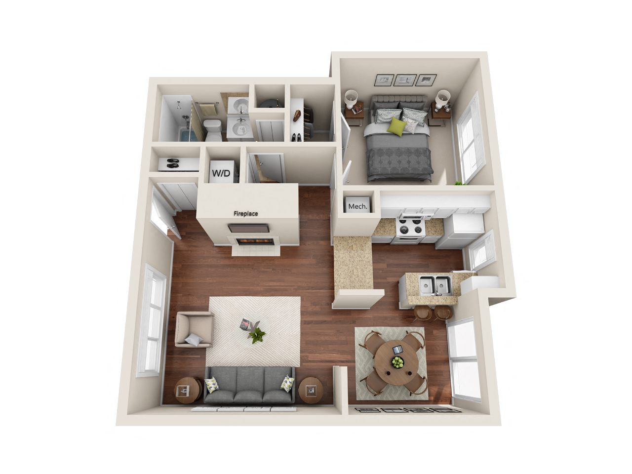 Floor plan for 1 bed, 1 bath, 665 sqft