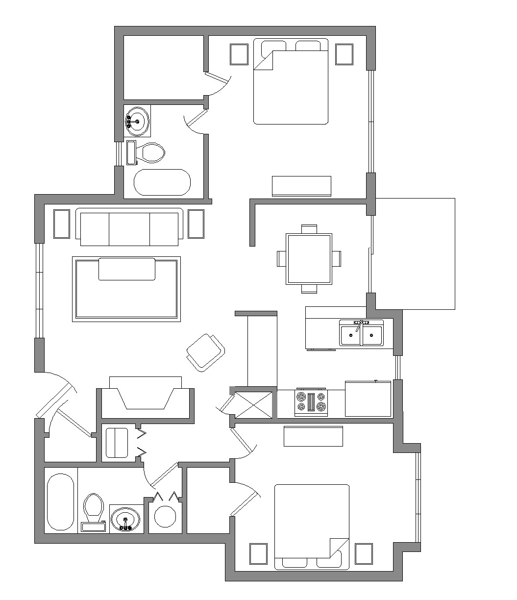 Floor plan for 2 beds, 2 baths, 790 sqft