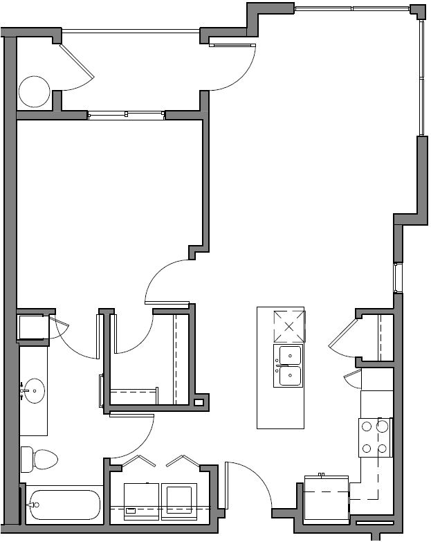 Floor plan for 1 bed, 1 bath, 761 sqft