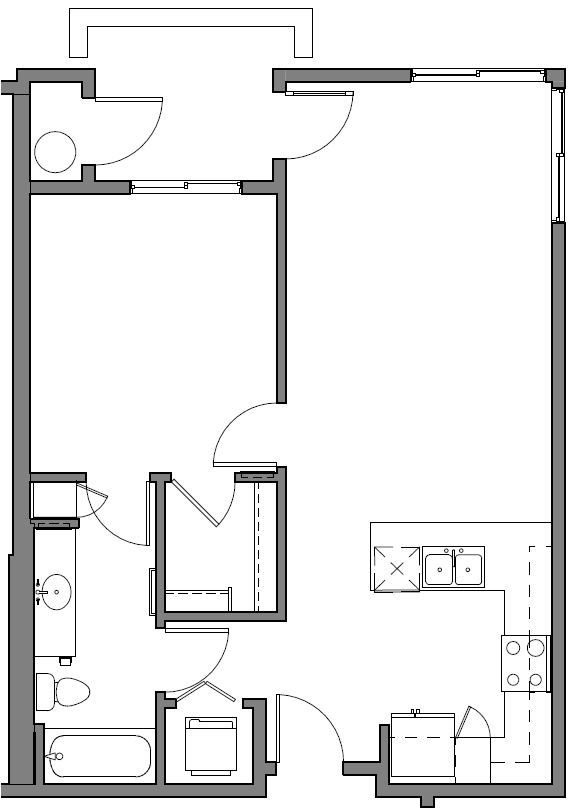Floor plan for 1 bed, 1 bath, 715 sqft