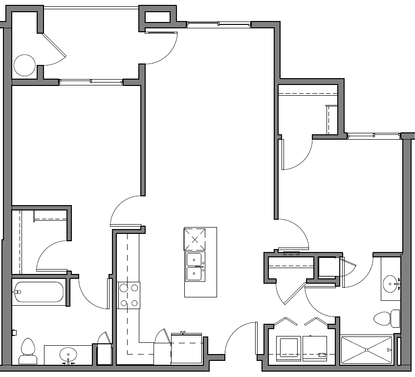 Floor plan for 2 beds, 2 baths, 1045 sqft
