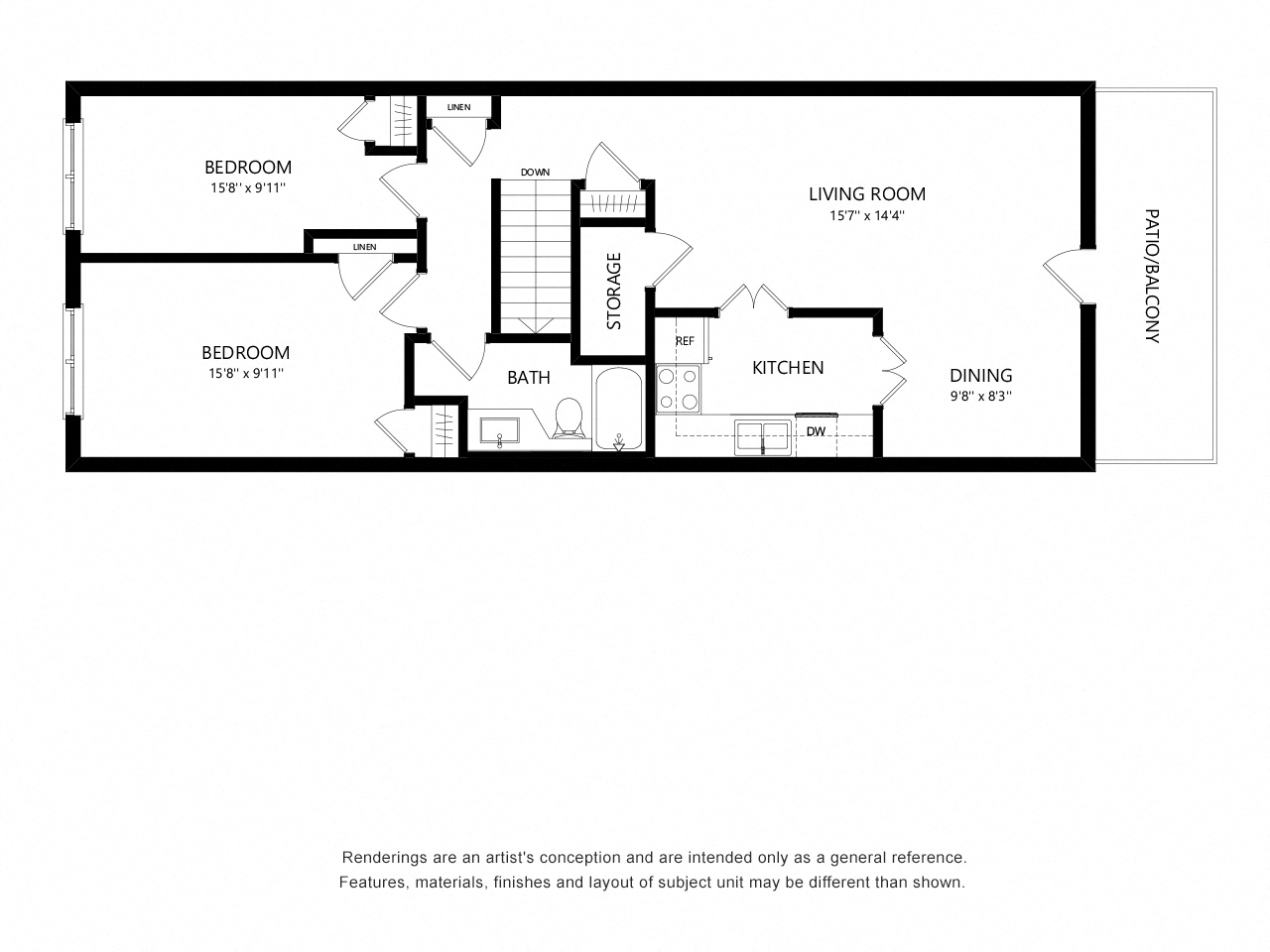 Floor plan for 2 beds, 1 bath, 931 sqft