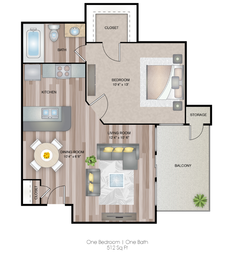 Floor plan for 1 bed, 1 bath, 512 sqft