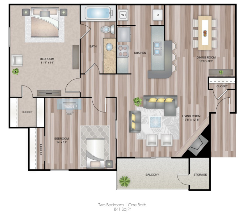 Floor plan for 2 beds, 1 bath, 841 sqft