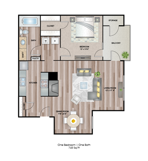 Floor plan for 1 bed, 1 bath, 743 sqft