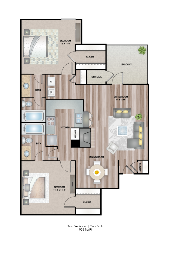 Floor plan for 2 beds, 2 baths, 983 sqft
