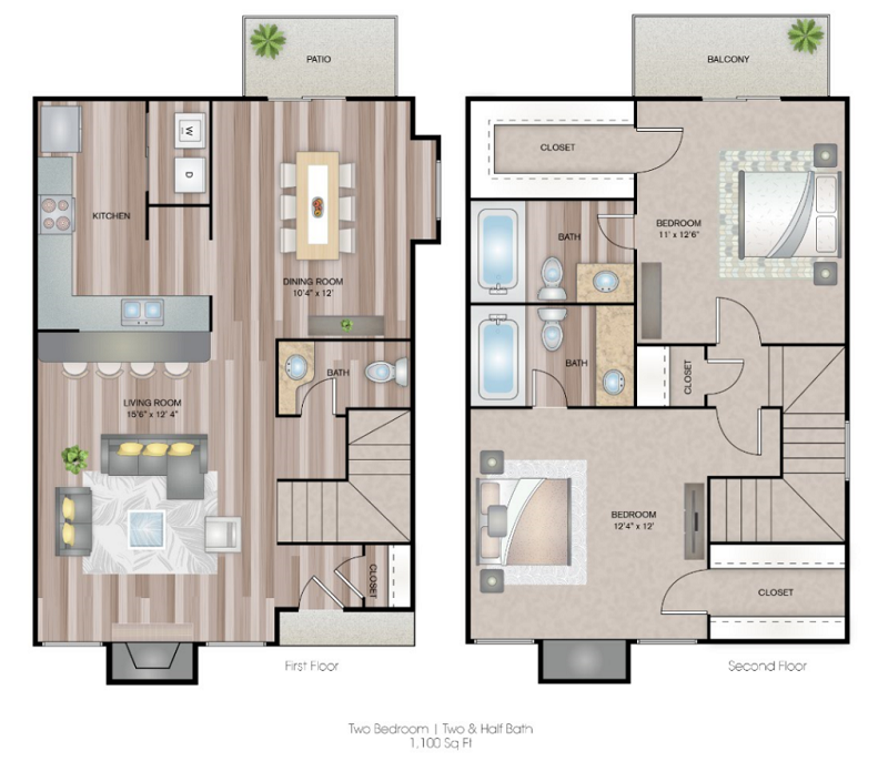 Floor plan for 2 beds, 2.5 baths, 1100 sqft