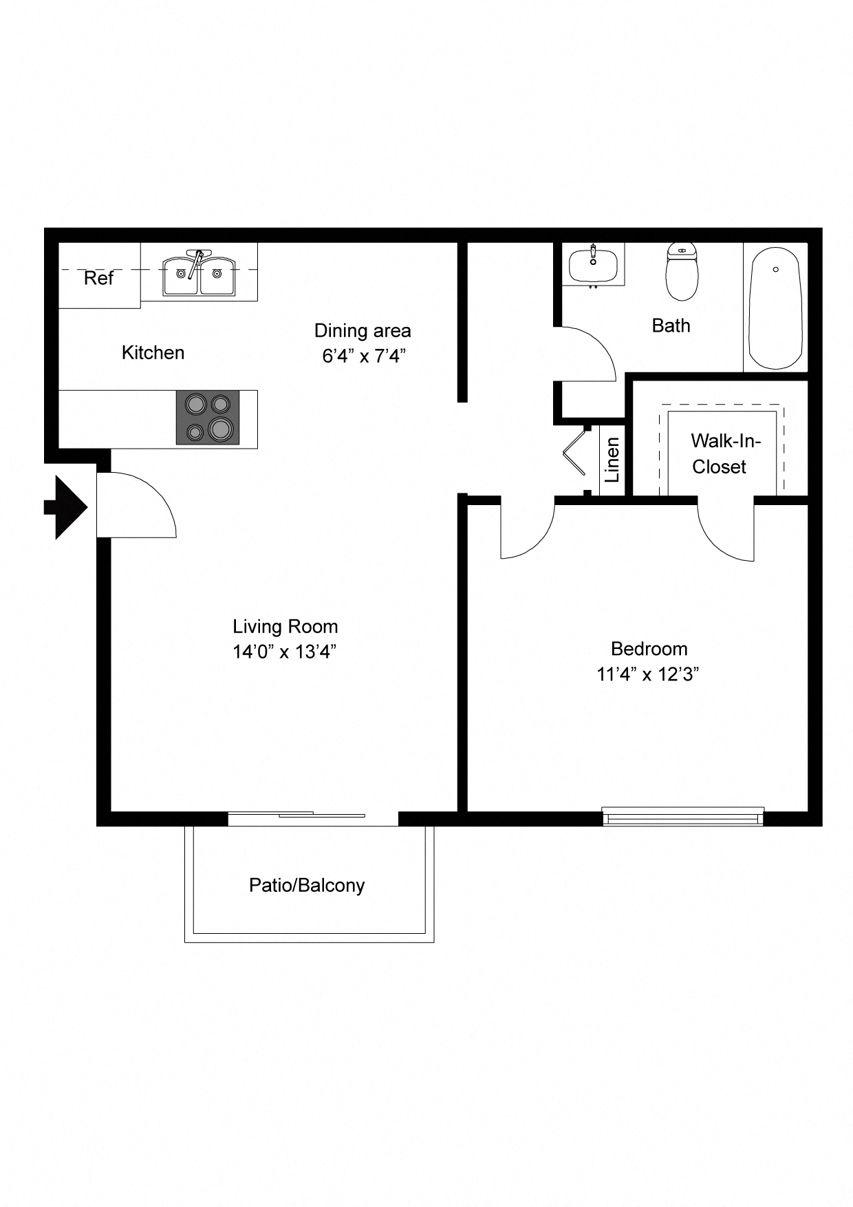 Floor plan for 1 bed, 1 bath, 617 sqft
