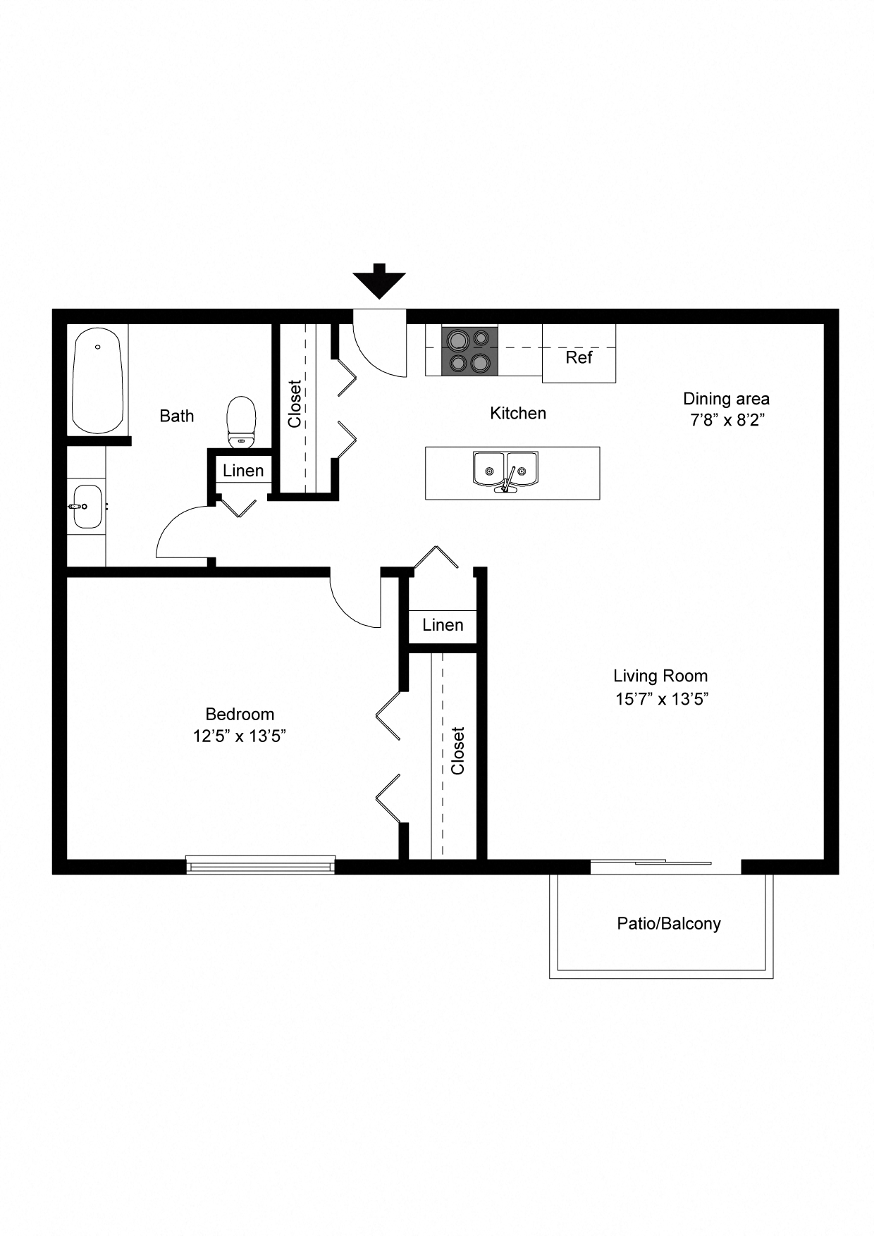 Floor plan for 1 bed, 1 bath, 745 sqft