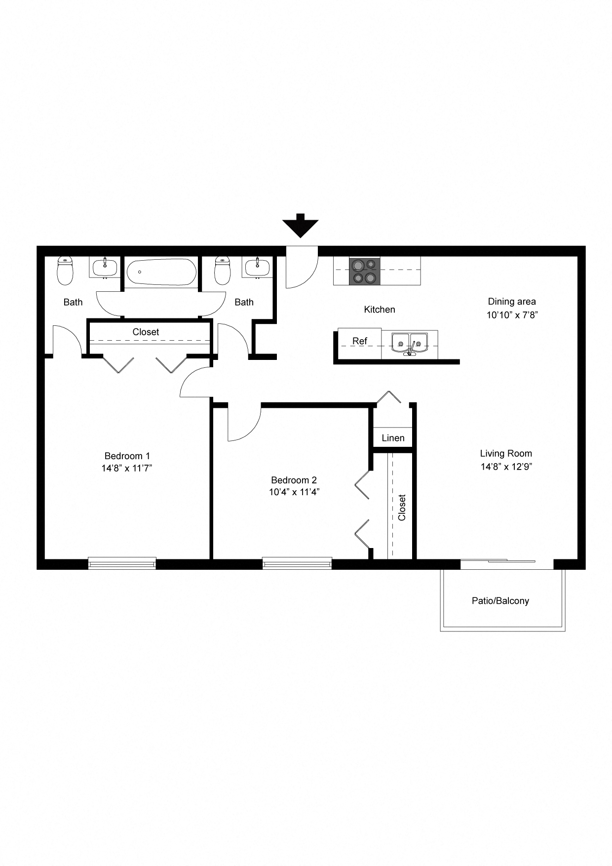 Floor plan for 2 beds, 1.5 baths, 911 sqft