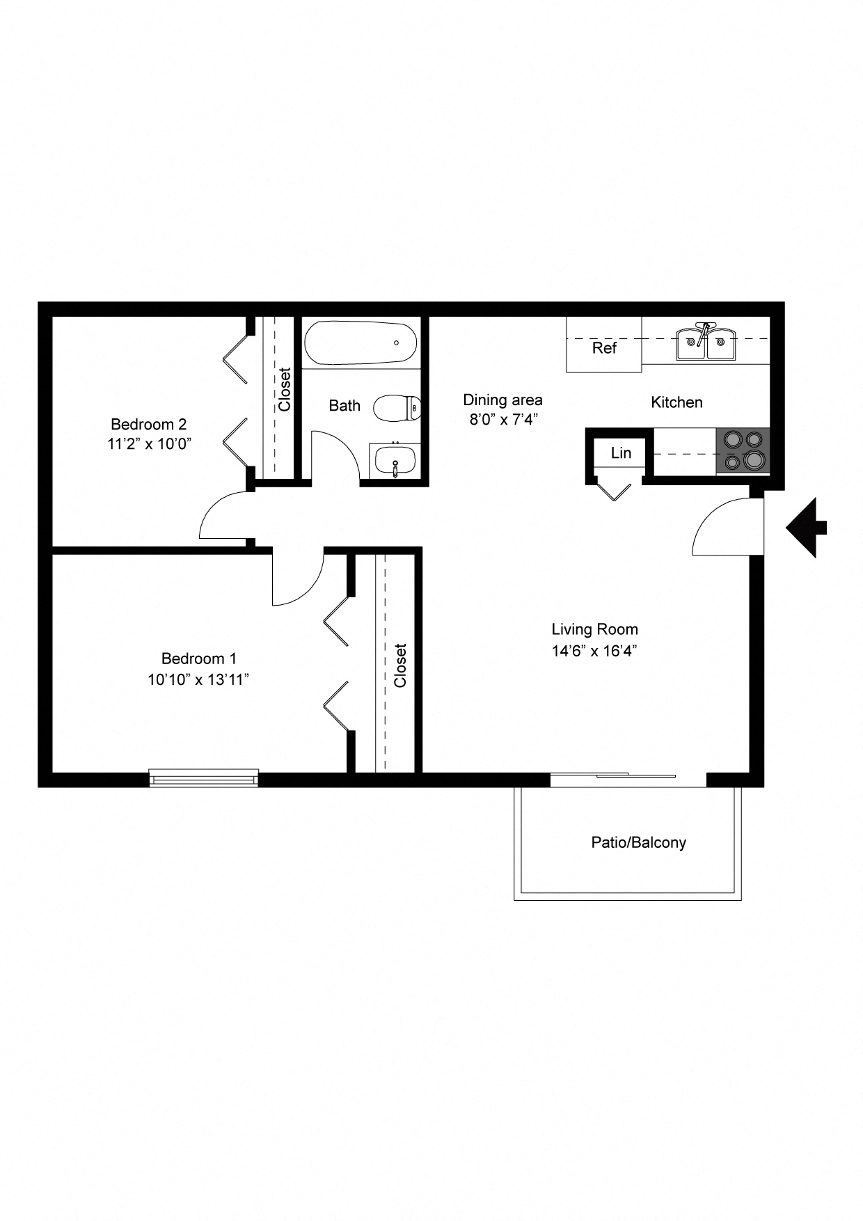 Floor plan for 2 beds, 1 bath, 824 sqft