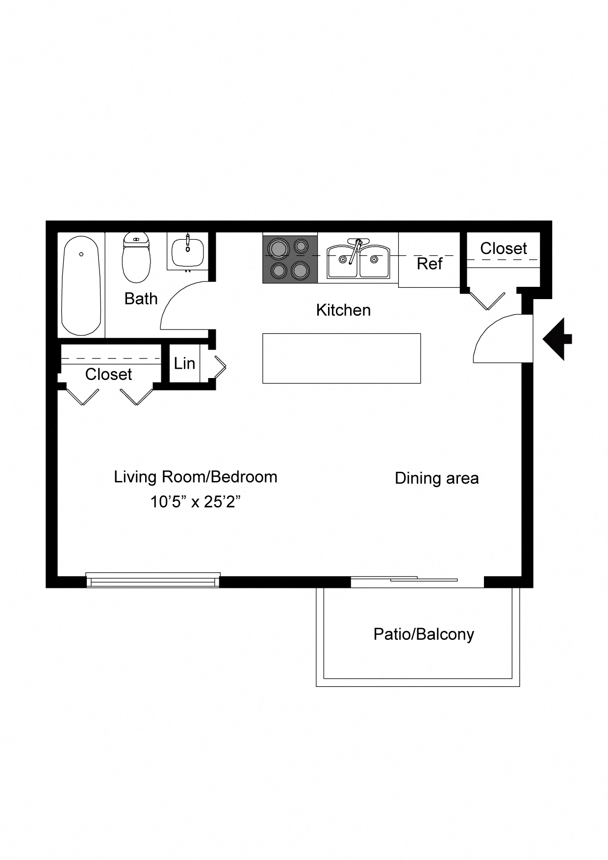 Floor plan for studio, 1 bath, 508 sqft