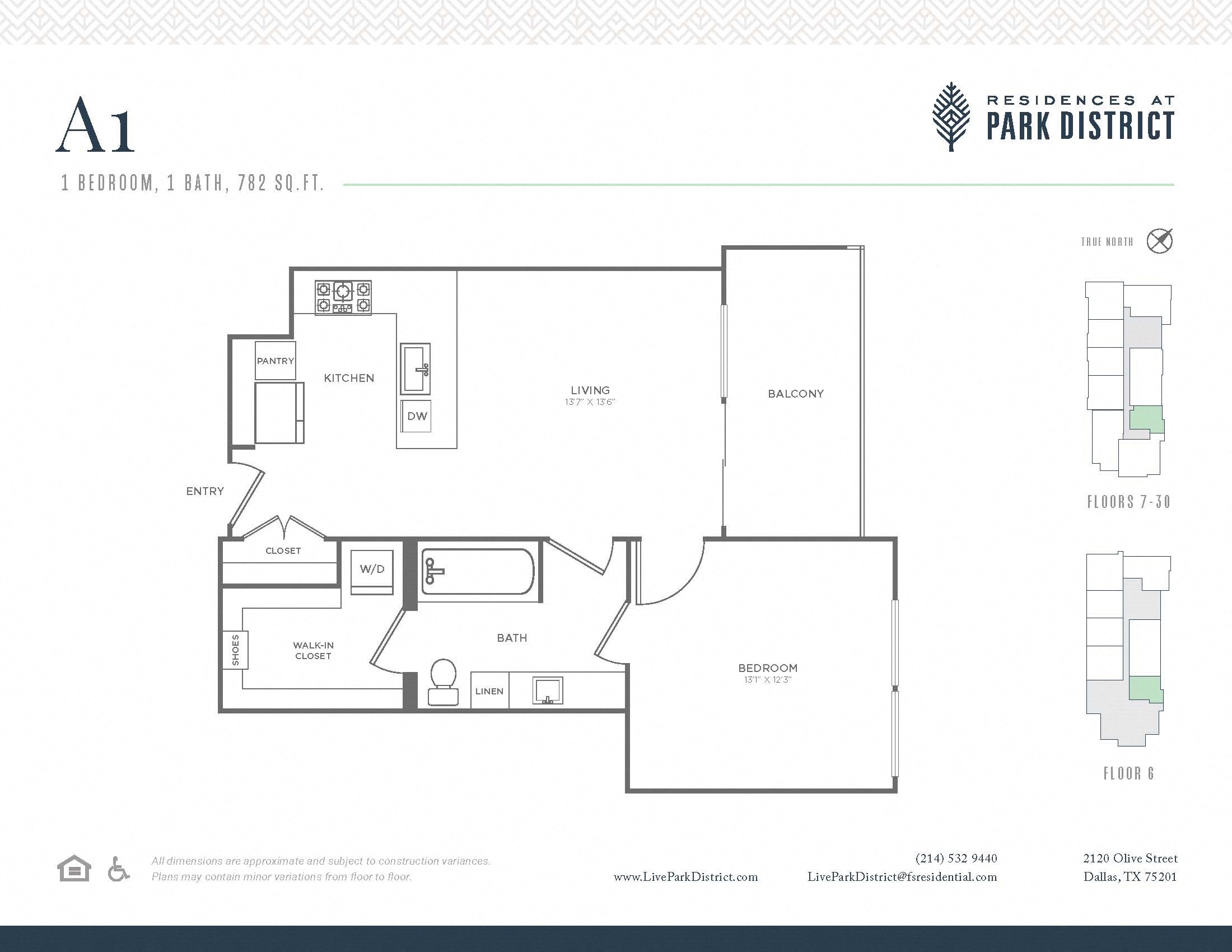 Floor plan for 1 bed, 1 bath, 782 sqft
