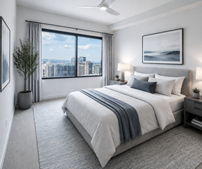 Dallas apartment for rent - Luxury primary bedroom featuring expansive windows, contemporary finishes, designer lighting, and sweeping views of the Dallas skyline.