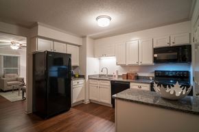 Rock Hill apartment for rent - a kitchen with white cabinets and a black refrigerator