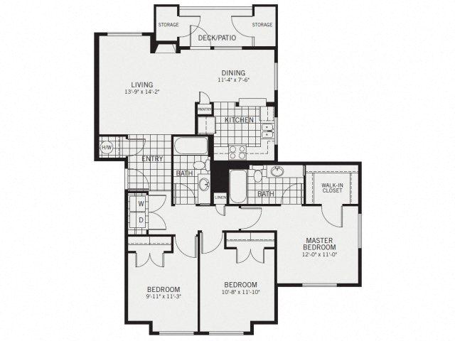Floor plan for 3 beds, 2 baths, 1216 sqft