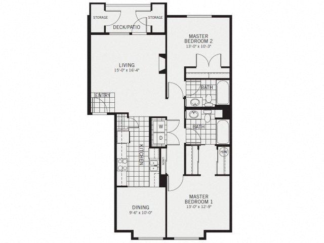 Floor plan for 2 beds, 2 baths, 1152 sqft