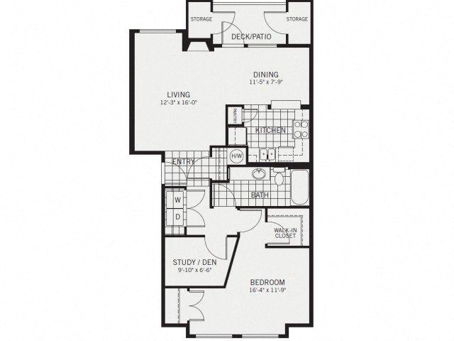Floor plan for 1 bed, 1 bath, 972 sqft