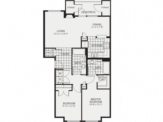 Floor plan for 2 beds, 2 baths, 1072 sqft