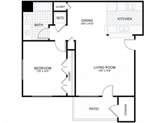 Floor plan for 1 bed, 1 bath, 743 sqft