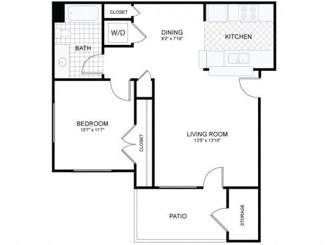 Floor plan for 1 bed, 1 bath, 651 sqft