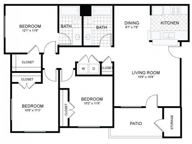 Floor plan for 3 beds, 2 baths, 1158 sqft