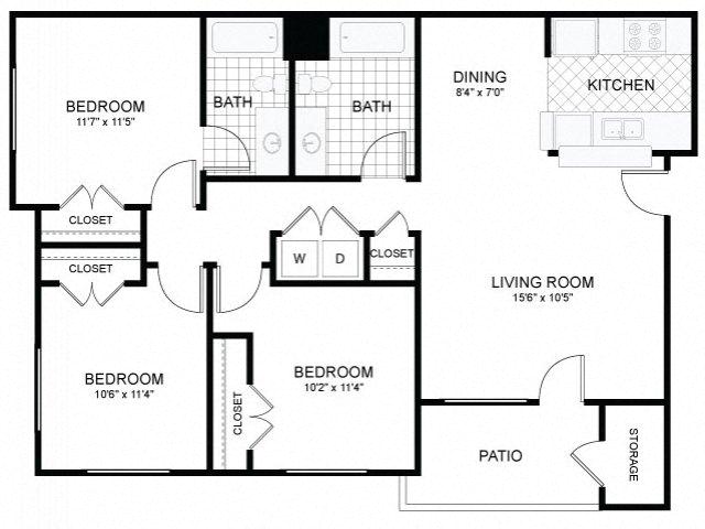 Floor plan for 3 beds, 2 baths, 1103 sqft