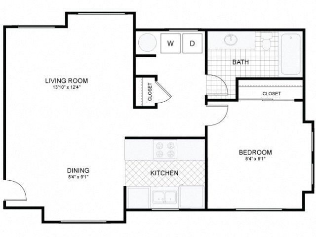 Floor plan for 1 bed, 1 bath, 671 sqft