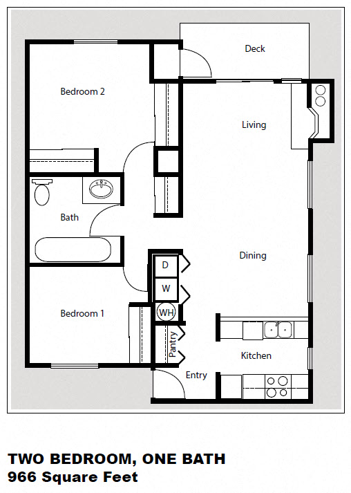 Floor plan for 2 beds, 1 bath, 966 sqft